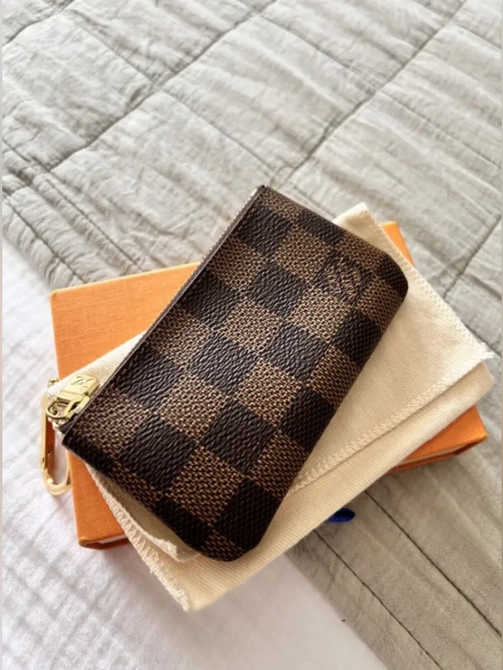Brown Checkered Key Pouch with Gold Hardware